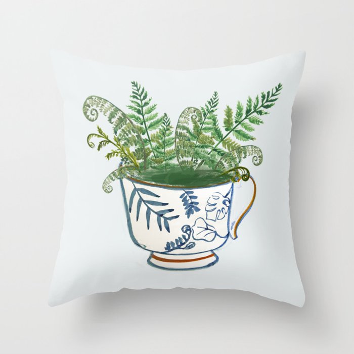 Fern in a Blue and White Tea Cup Throw Pillow