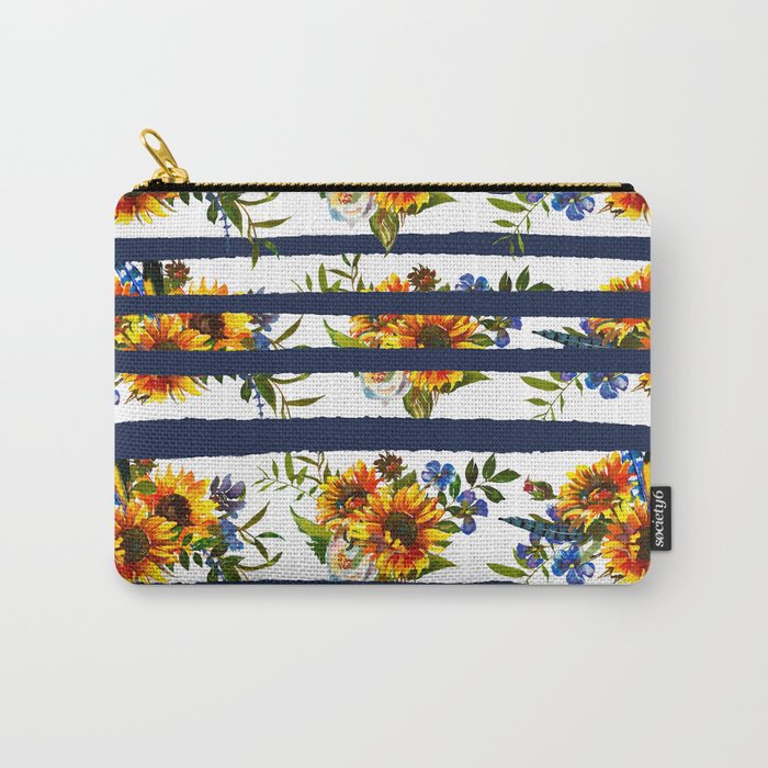 Watercolor navy blue orange yellow sunflower stripes Carry-All Pouch