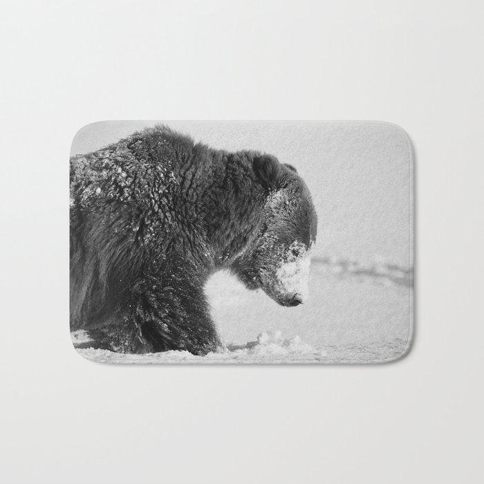 Alaskan Grizzly Bear in Snow, B & W - I Bath Mat