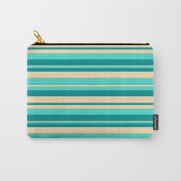 [ Thumbnail: Dark Cyan, Tan & Turquoise Colored Pattern of Stripes Carry-All Pouch ]