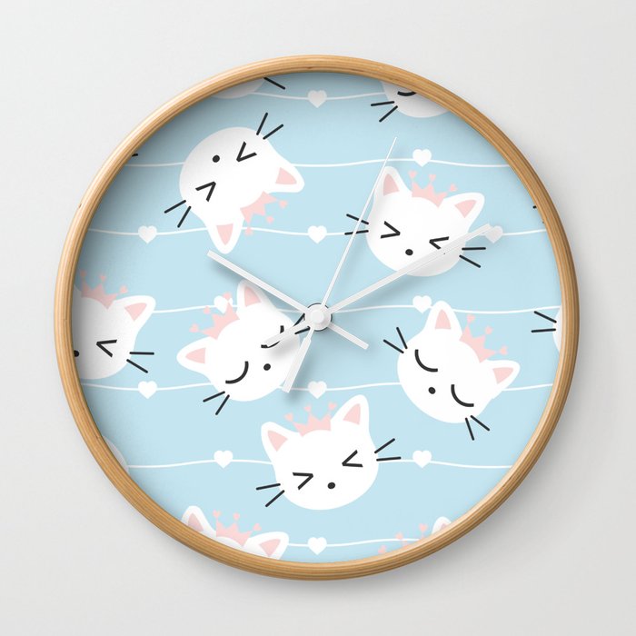 Seamless Pattern Kawaii Cats Wall Clock