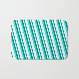 [ Thumbnail: Teal, Turquoise, and Light Cyan Colored Stripes Pattern Bath Mat ]