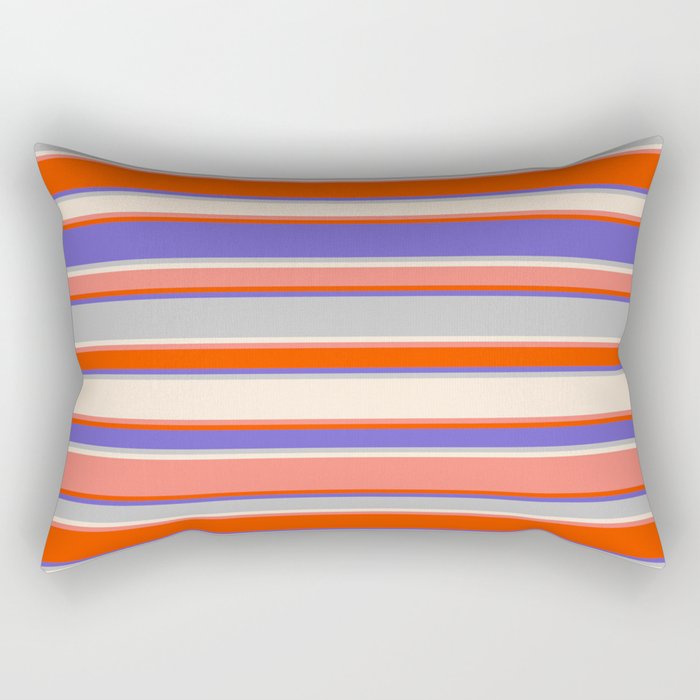 Eye-catching Slate Blue, Grey, Beige, Salmon, and Red Colored Striped Pattern Rectangular Pillow