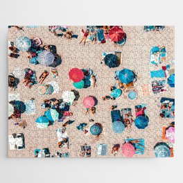 Aerial Blue Umbrellas, Seaside Beach, Aerial Beach Photography, Ocean Sea Beach Jigsaw Puzzle