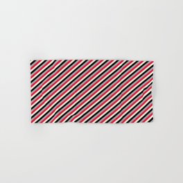 [ Thumbnail: Dark Gray, Crimson, Beige, and Black Colored Pattern of Stripes Hand & Bath Towel ]