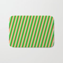 [ Thumbnail: Brown, Mint Cream, Lime Green & Dark Green Colored Lined Pattern Bath Mat ]