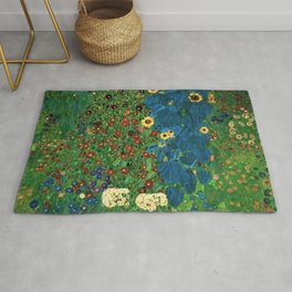 Farm Garden with Sunflowers and blue leaves by Gustav Klimt Area & Throw Rug