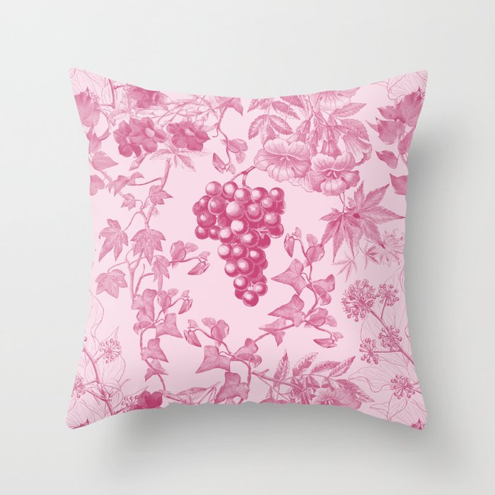 VINE - Pink Monochrome Vintage Botanical Illustration Collage  Throw Pillow