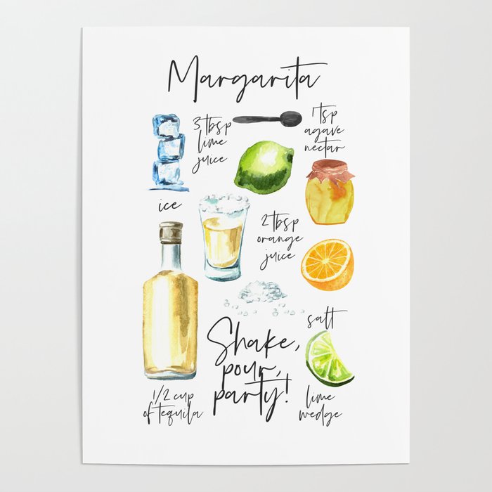 Margarita Recipe Watercolor Illustration Poster