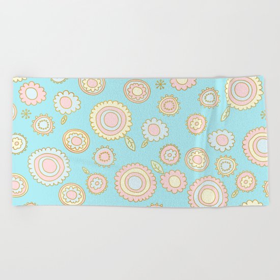 Cute Pastel Doodle Flower Pattern Beach Towel