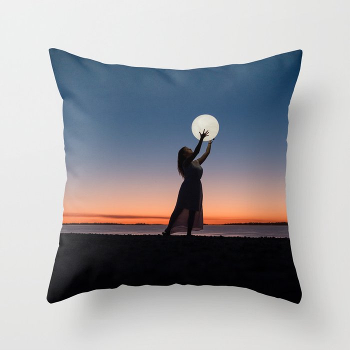 Moon Catching in hand - Creative photography Throw Pillow