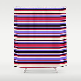 [ Thumbnail: Beige, Medium Slate Blue, Black, and Crimson Colored Pattern of Stripes Shower Curtain ]