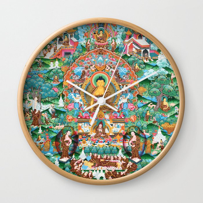 Turquoise Life Of Buddha Thangka Wall Clock