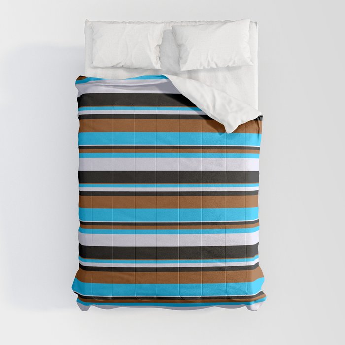 Brown, Deep Sky Blue, Lavender, and Black Colored Pattern of Stripes Comforter