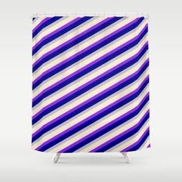[ Thumbnail: Beige, Purple, Dark Blue & Grey Colored Striped Pattern Shower Curtain ]