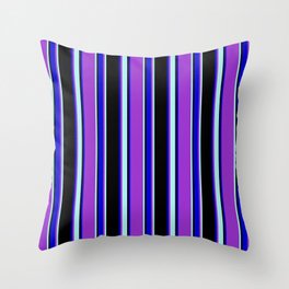 [ Thumbnail: Dark Orchid, Turquoise, Black, and Blue Colored Striped/Lined Pattern Throw Pillow ]