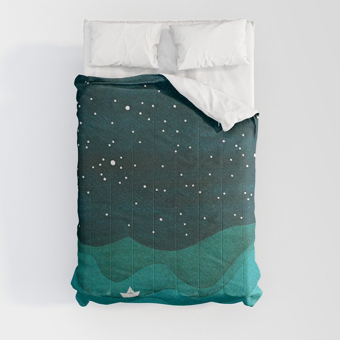 Starry Ocean, teal sailboat watercolor sea waves night Comforter