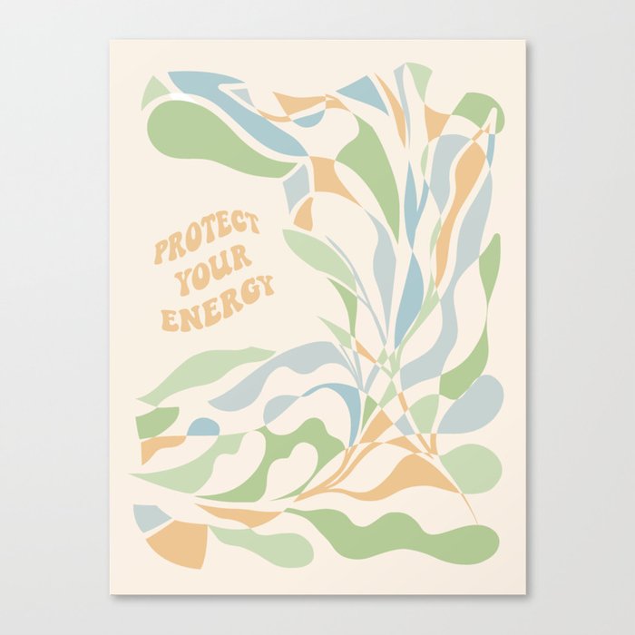 PROTECT YOUR ENERGY with Liquid retro abstract pattern in blue, green and cream Canvas Print