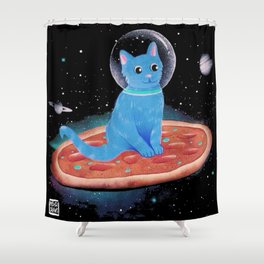 Cat Ride A Pizza Ship on Space Shower Curtain