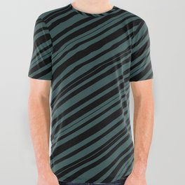 [ Thumbnail: Black and Dark Slate Gray Colored Pattern of Stripes All Over Graphic Tee ]