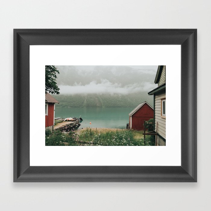 Sleepy Cottage on the Fjord Framed Art Print