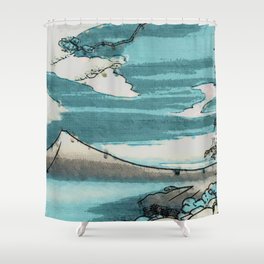 Japanese woodblock sumi-e style Fuji mountain painting Shower Curtain