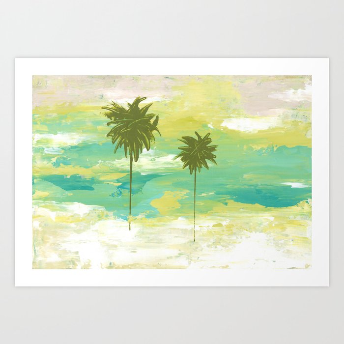 Tropical Palm Tree Design, Turquoise, Green, Yellow Accents Art Print