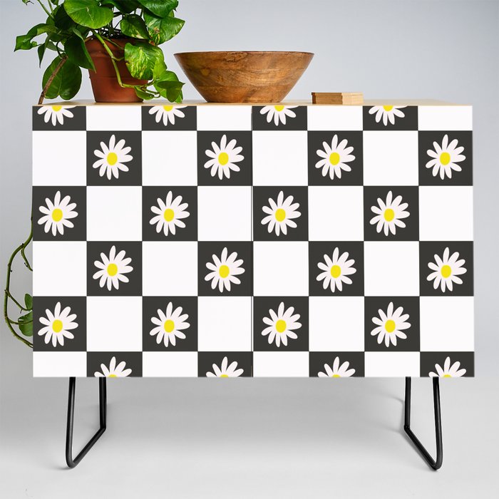 Black & White Daisy Checkered Pattern Credenza