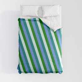 [ Thumbnail: Cornflower Blue, Green, Light Cyan & Teal Colored Stripes Pattern Comforter ]