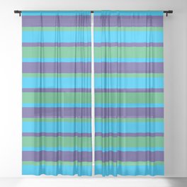 [ Thumbnail: Dark Slate Blue, Sea Green & Deep Sky Blue Colored Striped Pattern Sheer Curtain ]