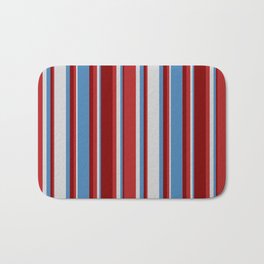 [ Thumbnail: Blue, Light Gray, Red, and Maroon Colored Pattern of Stripes Bath Mat ]