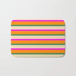[ Thumbnail: Dark Orange, Sea Green, Tan & Fuchsia Colored Stripes Pattern Bath Mat ]