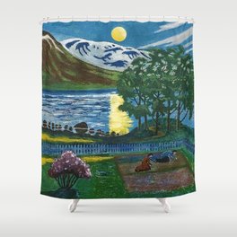 Planting the Spring Crops Lakeside under the yellow May Moon landscape painting by Nikolai Astrup Shower Curtain