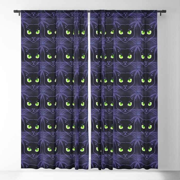 Modern Black Cats Periwinkle Outline Blackout Curtain