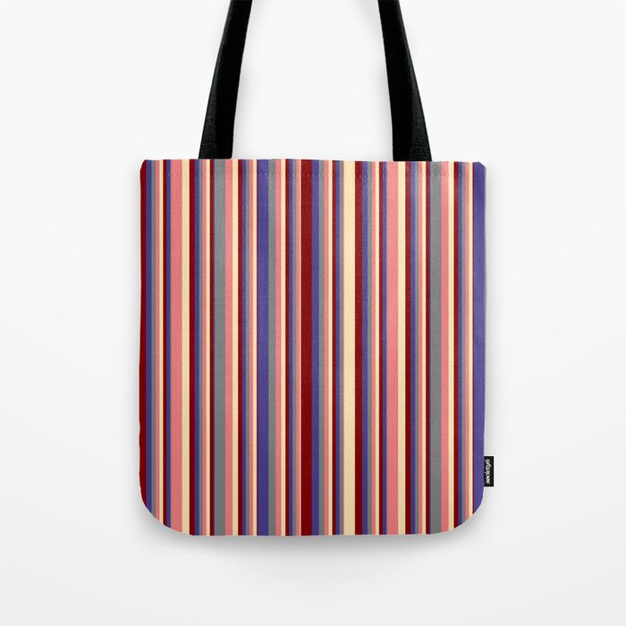 Eyecatching Grey, Dark Slate Blue, Maroon, Beige, and Light Coral Colored Striped Pattern Tote Bag