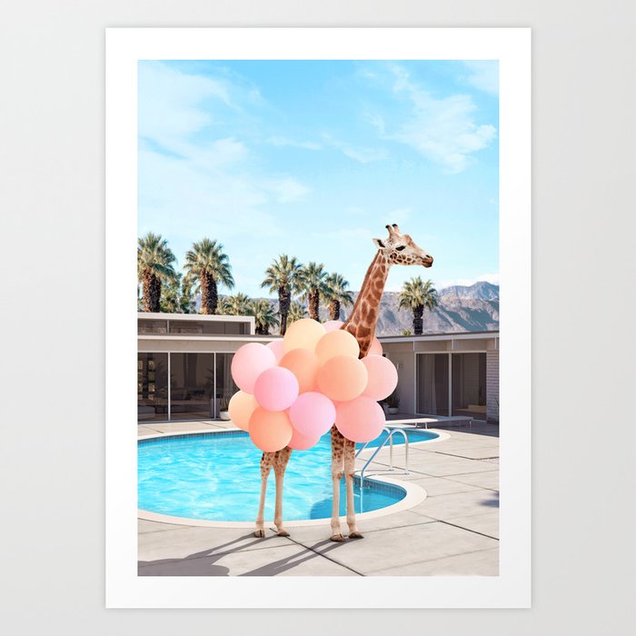 Giraffe Palm Springs Kunstdrucke | Fotografie, Giraffe, Balloon, Palms, Palm-springs, Pool, California, Tier, Party, Palme