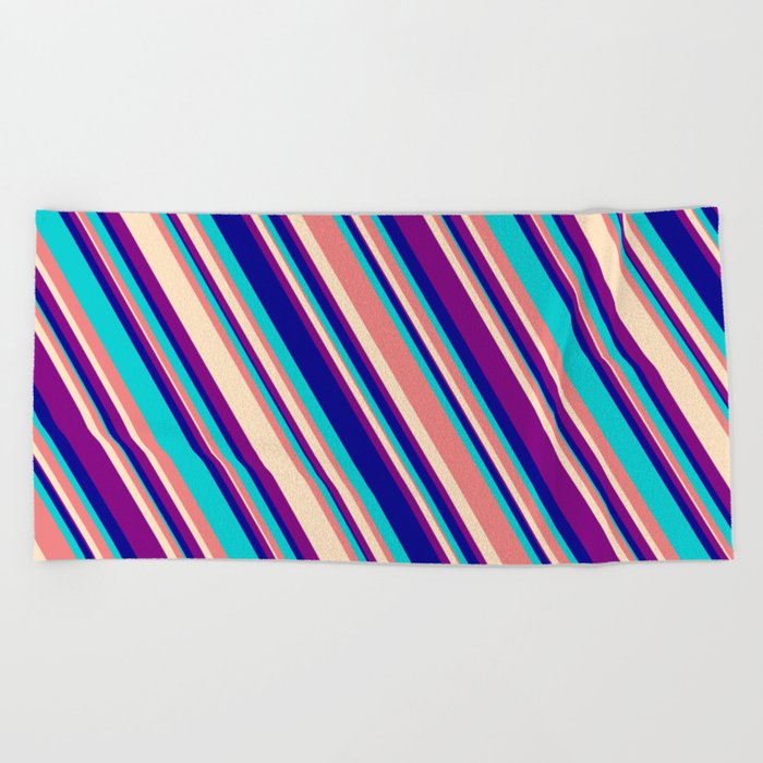 Light Coral, Bisque, Purple, Dark Blue, and Dark Turquoise Colored Lined/Striped Pattern Beach Towel