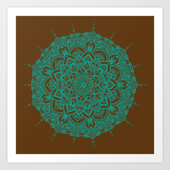 Blue Green Mandala With Droplets On Brown Art Print
