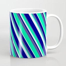 [ Thumbnail: Green, Light Cyan, Blue & Dark Slate Blue Colored Lines/Stripes Pattern Coffee Mug ]