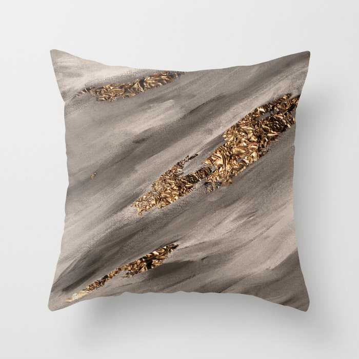 Taupe Paint Brushstrokes Gold Foil Throw Pillow