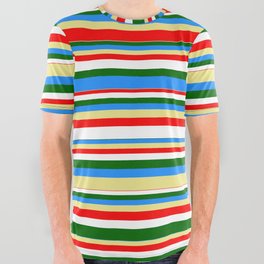[ Thumbnail: Colorful Blue, Tan, Red, White, and Dark Green Colored Striped/Lined Pattern All Over Graphic Tee ]