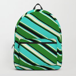 [ Thumbnail: Turquoise, Beige, Forest Green, and Black Colored Lined Pattern Backpack ]