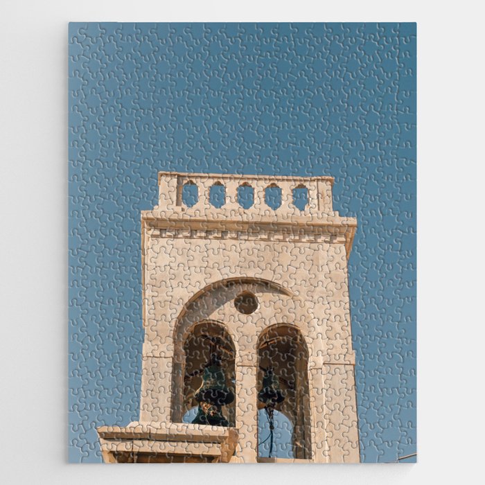 Vintage Summer Vibe Poster | Greek Chapel Tower on the Soft Blue Sky | Travel & Ambiance Photography in Greece, Europe Jigsaw Puzzle