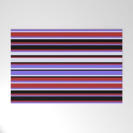 [ Thumbnail: Red, Medium Slate Blue, Lavender, and Black Colored Stripes/Lines Pattern Welcome Mat ]