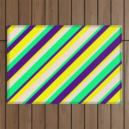 [ Thumbnail: Indigo, Yellow, Beige & Green Colored Pattern of Stripes Outdoor Rug ]