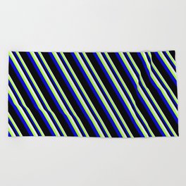 [ Thumbnail: Lavender, Light Green, Blue & Black Colored Pattern of Stripes Beach Towel ]