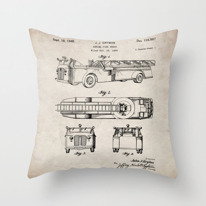 Fire Truck Patent - Aerial Fireman Truck Art - Antique Throw Pillow