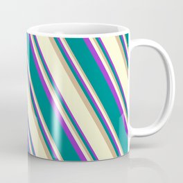[ Thumbnail: Tan, Light Yellow, Dark Orchid, and Teal Colored Stripes Pattern Coffee Mug ]