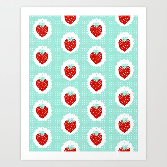 Strawberry fruit tropical mint nature food fresh pattern design geometric berries children farming Art Print