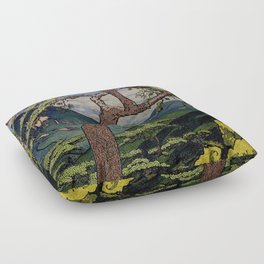 The Downwards Climbing - Summer Tree & Mountain Ukiyoe Nature Landscape in Green Floor Pillow